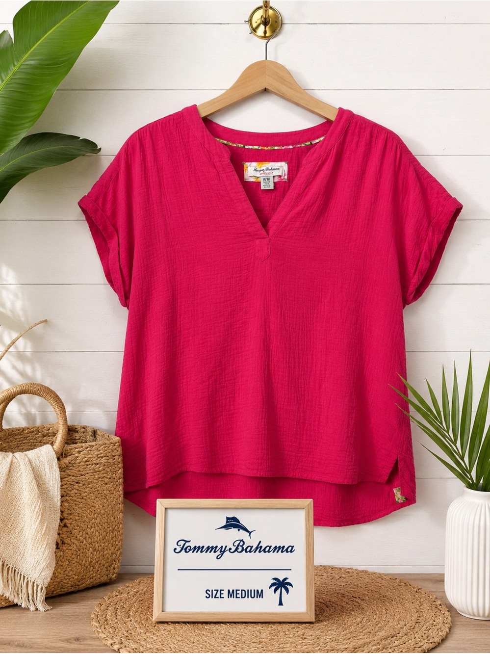 🌺💖 Tommy Bahama Hot Pink 100% Cotton Split Neck Top | Medium | Resort Coastal